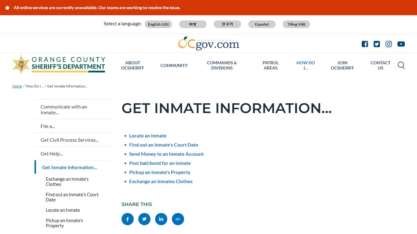 Get Inmate Information... - Orange County, California - Sheriff's ...